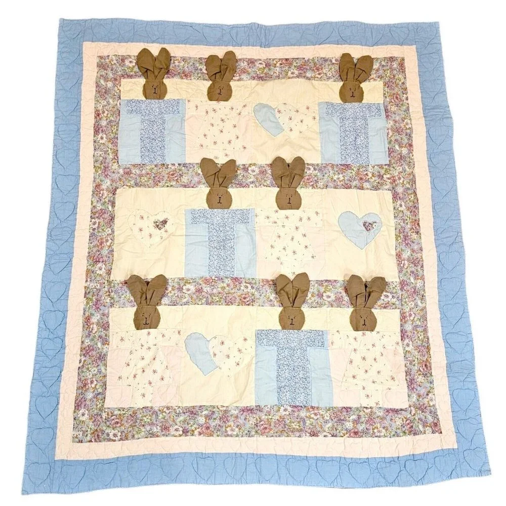 Vintage Baby Quilt Blanket Floppy Bunny Ears Hearts Blue Cream Pink Floral 44x50